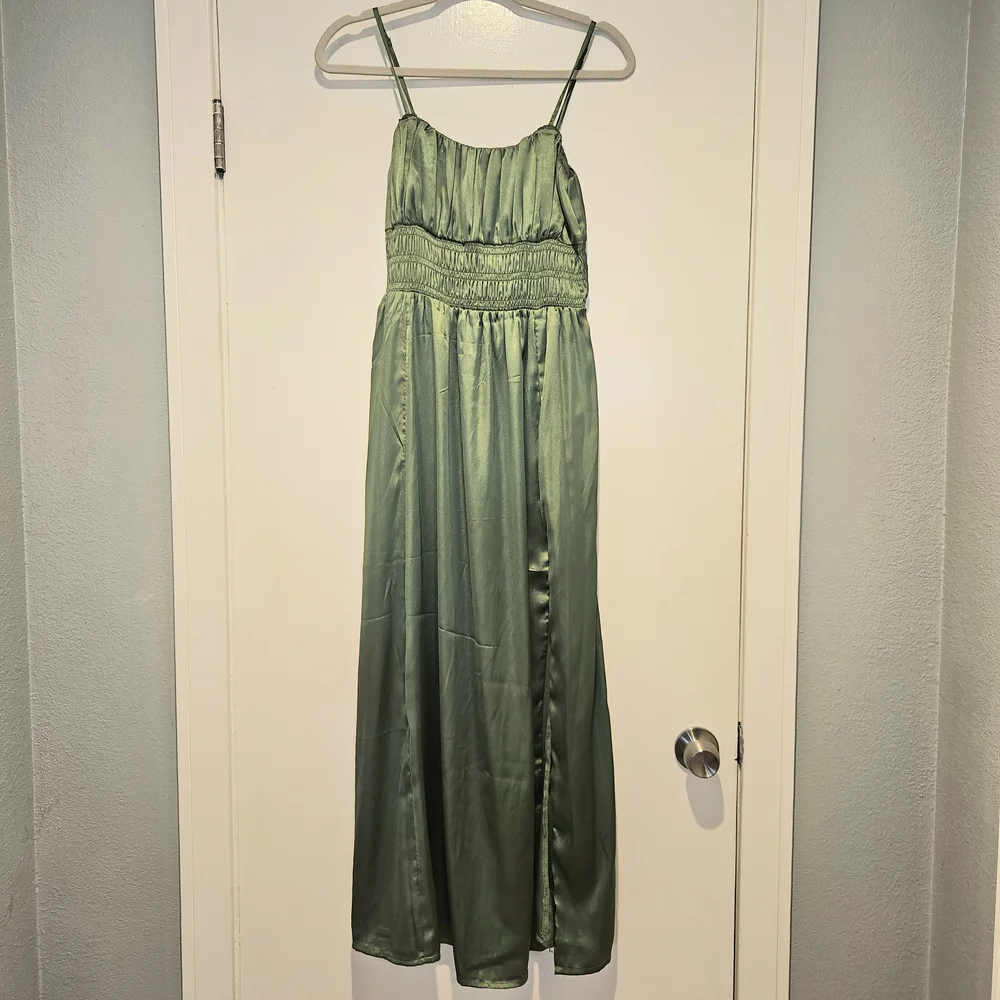 Abercrombie & Fitch Satin Olive Green Maxi Dress with Side Slit